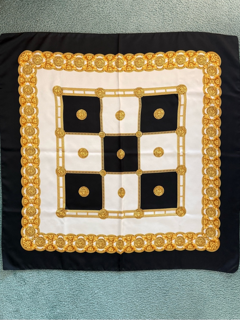 Black, White & Gold Medallion Silk Scarf
